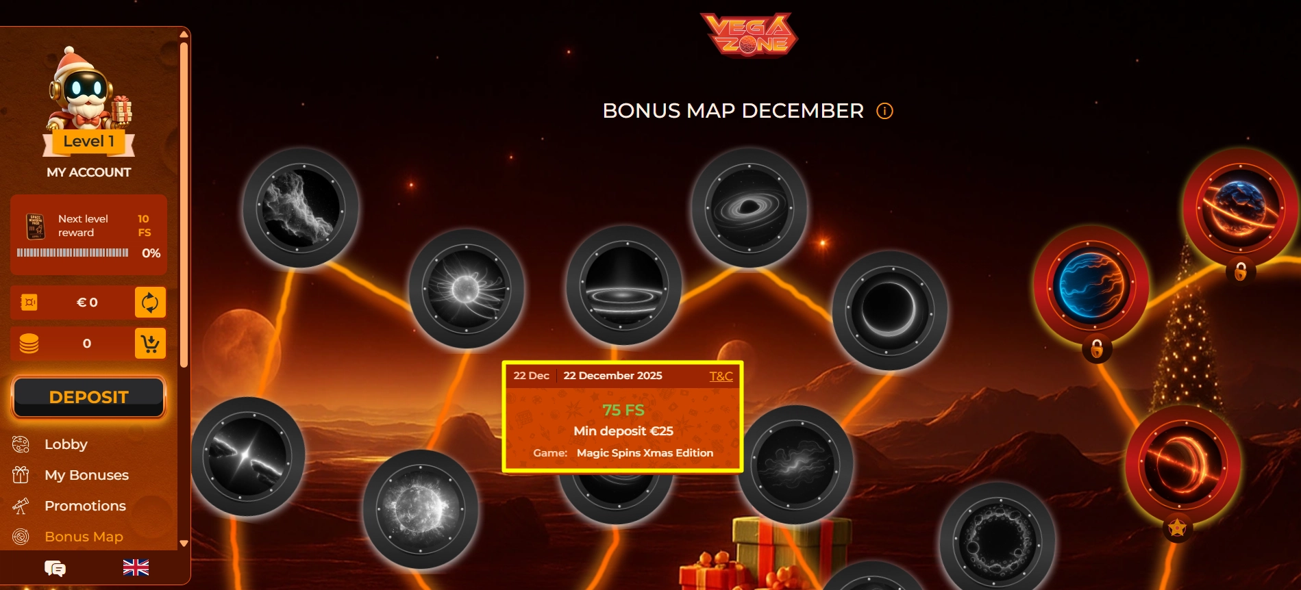 Vegazone casino December bonus map offering daily free spins and deposit rewards.
